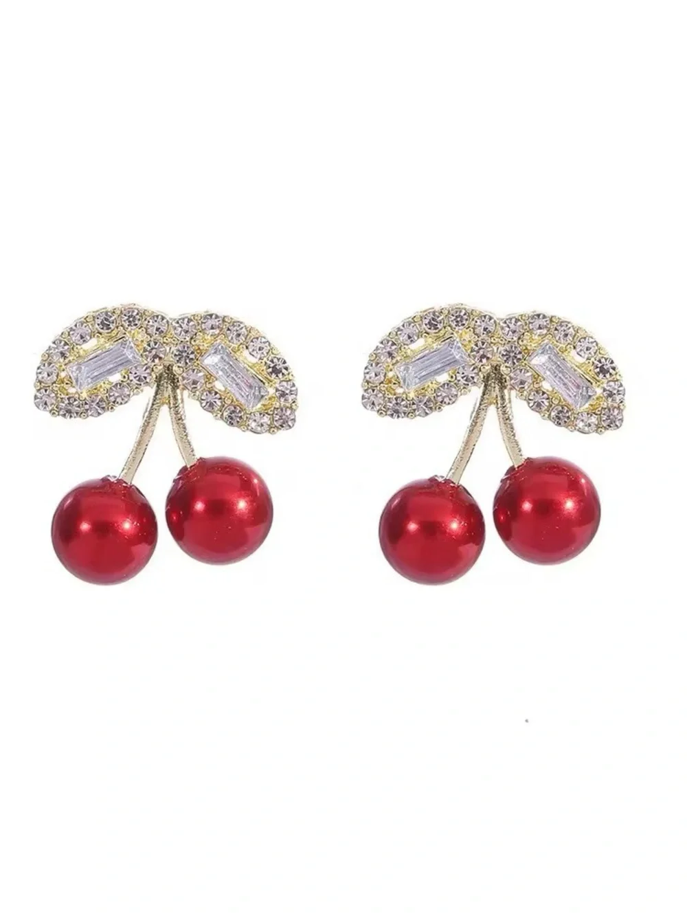 ***Dainty Gold-Tone Red Cherry Rhinestone Stud Earrings - Elegant Women Jewelry